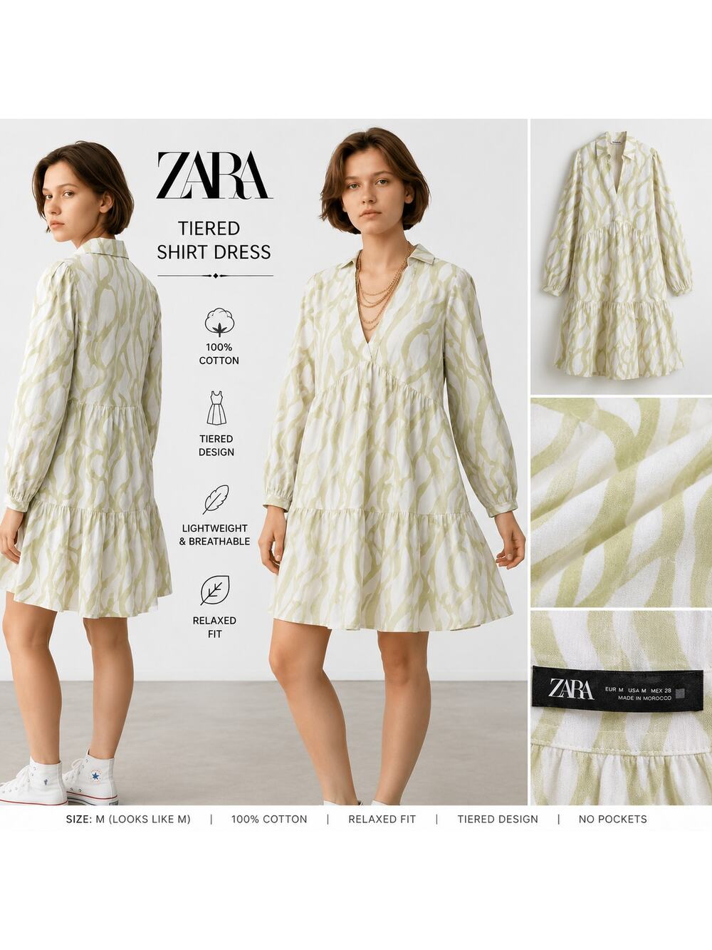 Zara Green White Abstract Print Tiered Dress Cotton Balloon Sleeve Size M